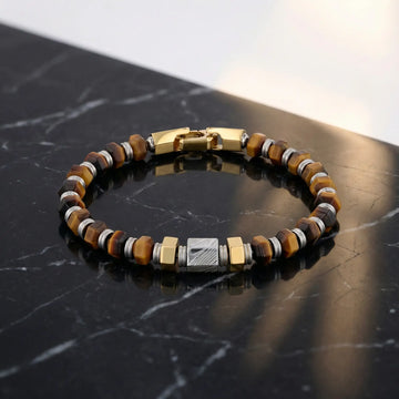 Hexagonal Tiger Eye Stone and Damascus Steel Bead Bracelet With Stainless Steel - 9 Inch - Larson Jewelers