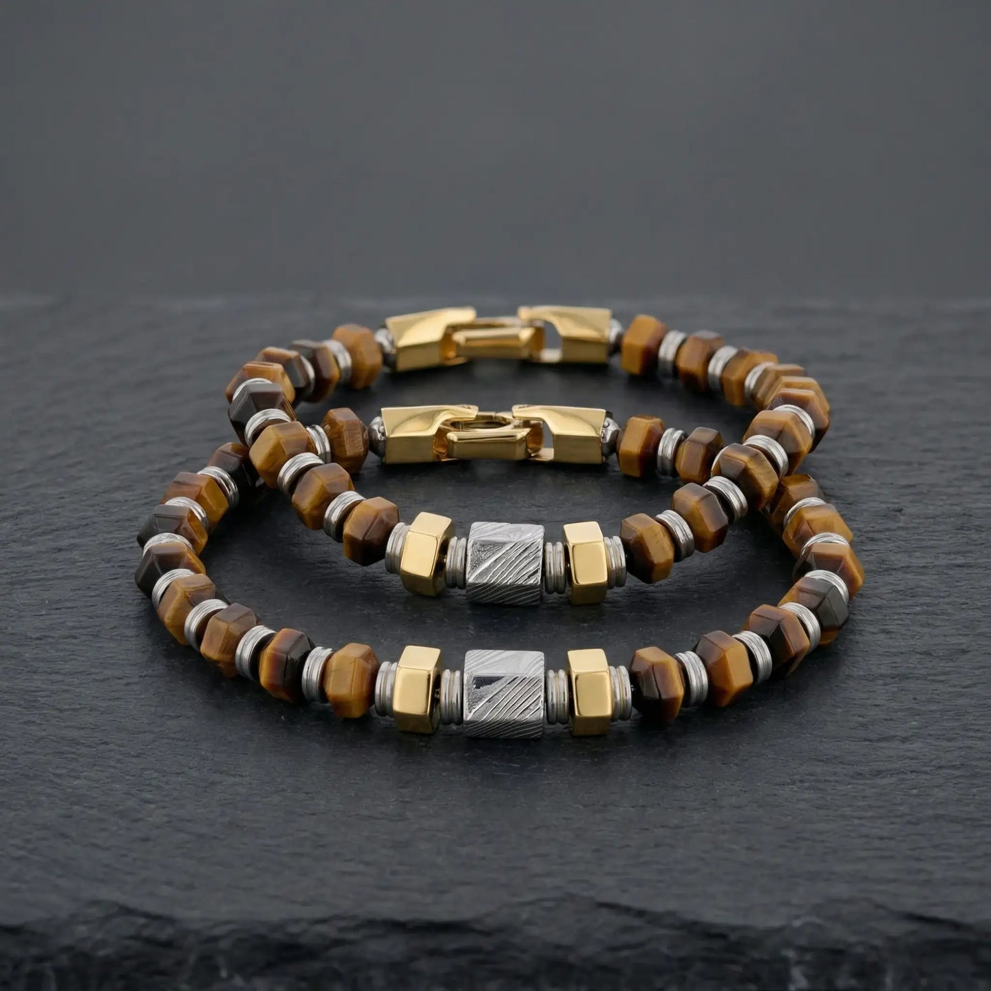 Hexagonal Tiger Eye Stone and Damascus Steel Bead Bracelet With Stainless Steel - 9 Inch - Larson Jewelers