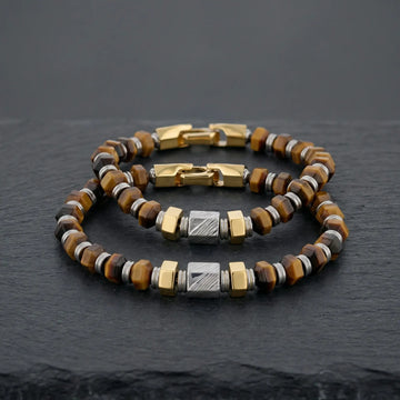 Hexagonal Tiger Eye Stone and Damascus Steel Bead Bracelet With Stainless Steel - 9 Inch - Larson Jewelers
