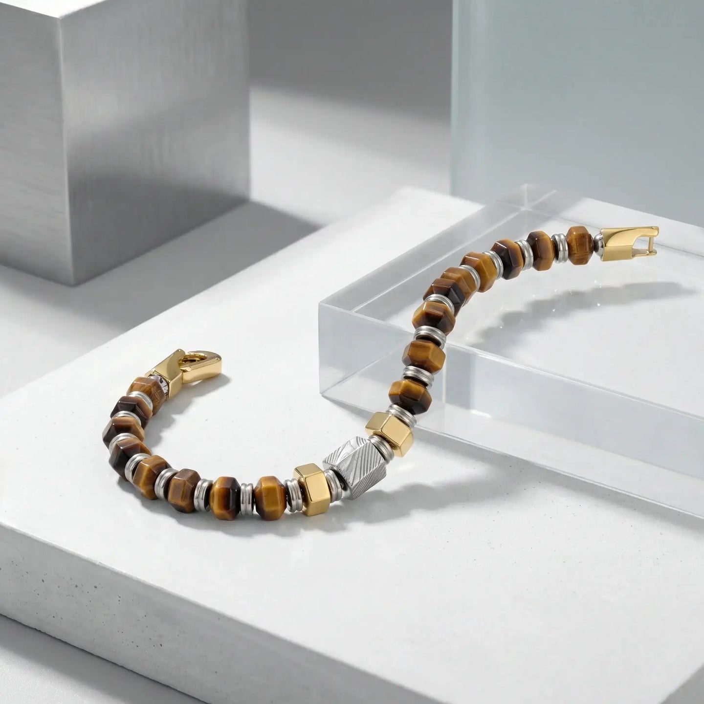 Hexagonal Tiger Eye Stone and Damascus Steel Bead Bracelet With Stainless Steel - 9 Inch - Larson Jewelers