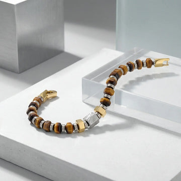 Hexagonal Tiger Eye Stone and Damascus Steel Bead Bracelet With Stainless Steel - 9 Inch - Larson Jewelers