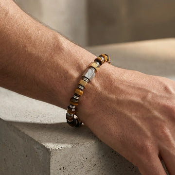 Hexagonal Tiger Eye Stone and Damascus Steel Bead Bracelet With Stainless Steel - 9 Inch - Larson Jewelers