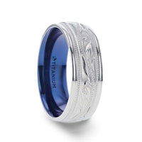 MARINER Titanium Milgrain Engraved Finish Men 's Wedding Ring with Blue Plating Inside- 8mm - Larson Jewelers