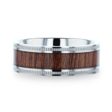 MOCHA Koa Wood Inlaid Titanium Men's Wedding Ring With Polished Milgrain Edges - 8mm - Larson Jewelers