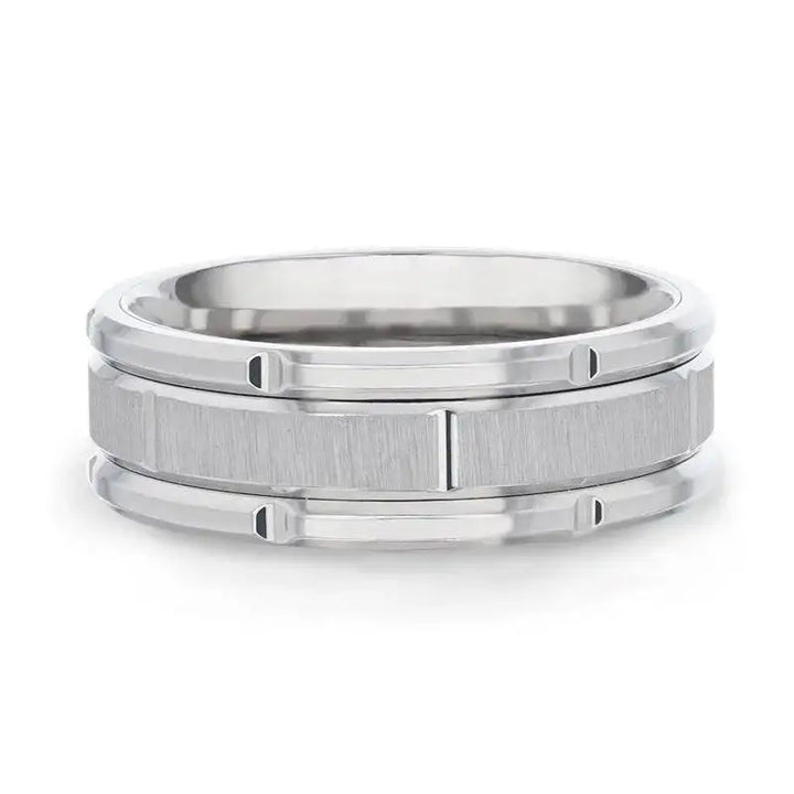 WARRICK Alternating Grooves And Horizontal Etched Finish Titanium Men's Wedding Band with Alternating Grooved Beveled Polished Edges - 8mm - Larson Jewelers