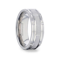 WARRICK Alternating Grooves And Horizontal Etched Finish Titanium Men's Wedding Band with Alternating Grooved Beveled Polished Edges - 8mm - Larson Jewelers