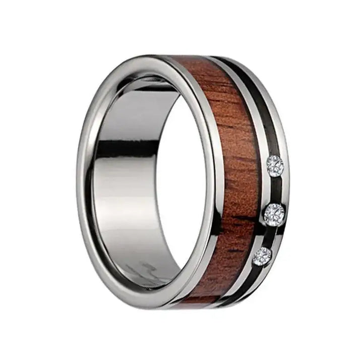 Titanium Wedding Band With Pink Ivory Inlay, Polished Edges, & 3 Diamond Setting - 8mm - Larson Jewelers