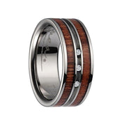 Titanium Wedding Ring With Koa Wood Inlay, Polished Edges, & 3 Diamond Center Setting - 8mm - Larson Jewelers