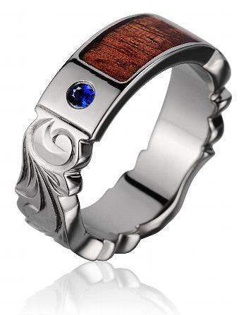 Titanium Polished Wedding Ring With Carved Leaf Edges, Pink Ivory Inlay, & 1 Diamond Setting - 6mm - Larson Jewelers