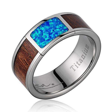 Titanium Wedding Band With Polished Edges & Pink Ivory Wood/Opal Inlay - 8mm - Larson Jewelers