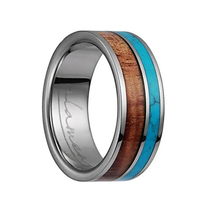 Titanium Wedding Band Pink Ivory Wood/Turquoise Inlay & Polished Edge - 8mm - Larson Jewelers