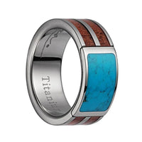 Titanium Wedding Band With Polished Edges & Pink Ivory Wood/Turquoise Inlay - 8mm - Larson Jewelers