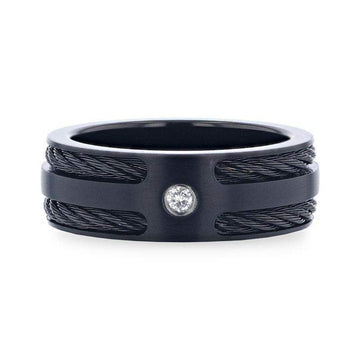NOIR Double Black Rope Inlaid Brushed Matte Black Titanium Men's Wedding Band With Black Edge Channel Setting And White Diamond In The Center - 8mm - Larson Jewelers
