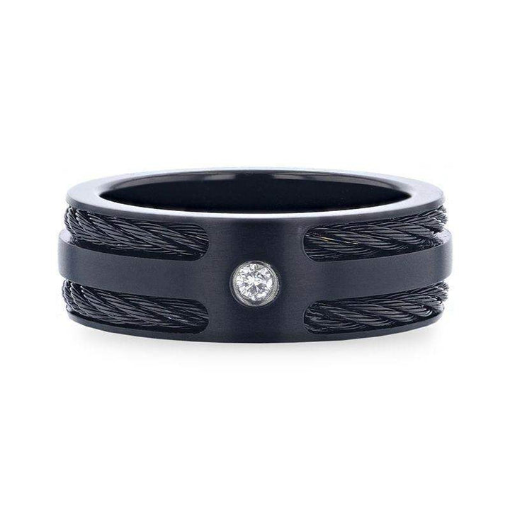 NOIR Double Black Rope Inlaid Brushed Matte Black Titanium Men's Wedding Band With Black Edge Channel Setting And White Diamond In The Center - 8mm - Larson Jewelers