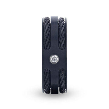 NOIR Double Black Rope Inlaid Brushed Matte Black Titanium Men's Wedding Band With Black Edge Channel Setting And White Diamond In The Center - 8mm - Larson Jewelers