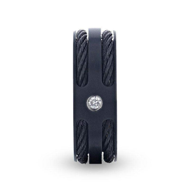 NOIR Double Black Rope Inlaid Brushed Matte Black Titanium Men's Wedding Band With Black Edge Channel Setting And White Diamond In The Center - 8mm - Larson Jewelers