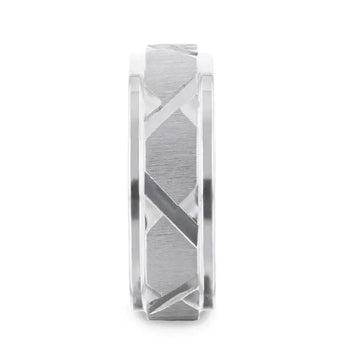VIRAGE Raised Horizontal Etch and Diagon-Shaped Cuts Centered Titanium Men's Wedding Ring With Polished Step Edges - 8mm - Larson Jewelers