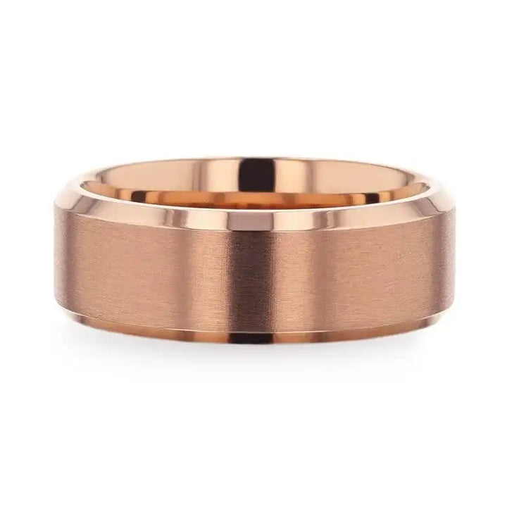 GLORY Rose Gold Plated Brushed Finish Center Titanium Men's Wedding Band With Polished Beveled Edges - 8mm - Larson Jewelers
