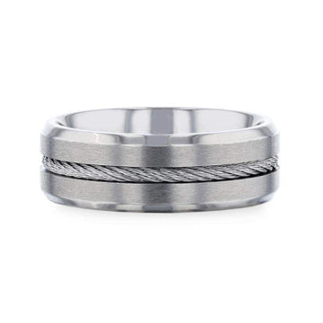 ALBERT Steel Cable Inlaid Brushed Center Titanium Men's Wedding Band With With Beveled Polished Edges - 8mm - Larson Jewelers