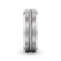 ALBERT Steel Cable Inlaid Brushed Center Titanium Men's Wedding Band With With Beveled Polished Edges - 8mm - Larson Jewelers