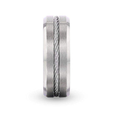 ALBERT Steel Cable Inlaid Brushed Center Titanium Men's Wedding Band With With Beveled Polished Edges - 8mm - Larson Jewelers