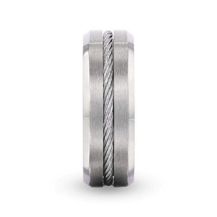 ALBERT Steel Cable Inlaid Brushed Center Titanium Men's Wedding Band With With Beveled Polished Edges - 8mm - Larson Jewelers