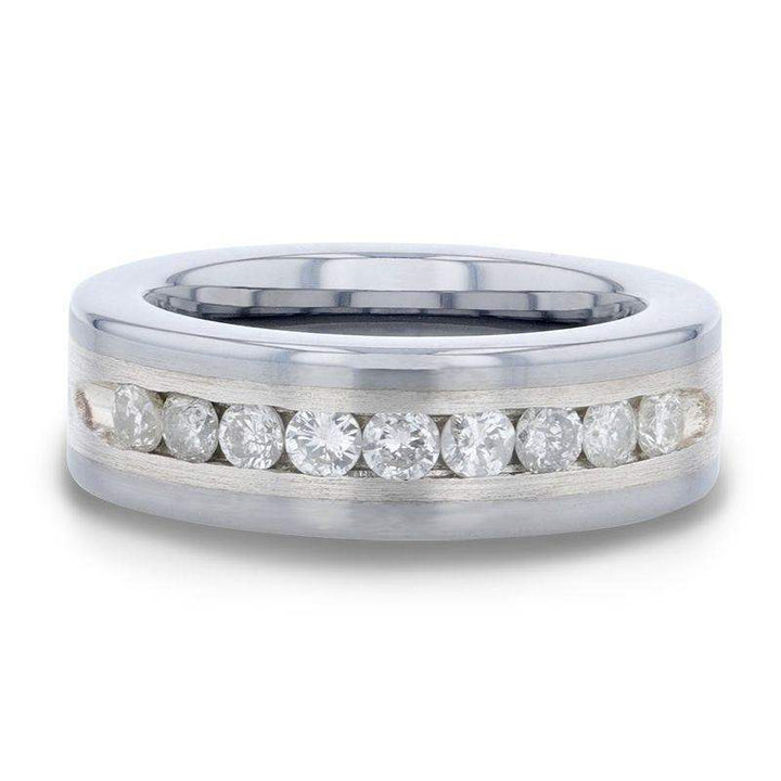 HOLDEN Flat Tungsten Carbide ring with Satin Finished Silver Inlay and 0.9 ctw Channel Set Diamonds by Thorsten - 8mm - Larson Jewelers