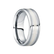 CAIUS Tungsten Wedding Ring with 18K White Gold Inlay & Dual Groove Edges - 8mm - Larson Jewelers
