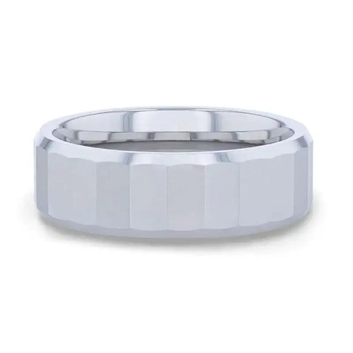 REFLECTOR Faceted Polished Center Tungsten Men's Wedding Band With Polished Beveled Edges - 8mm - Larson Jewelers