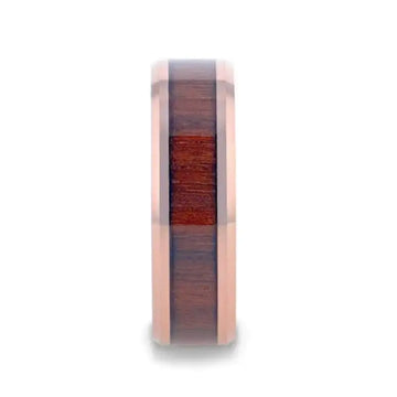 Front view of rose gold plated tungsten ring featuring central koa wood inlay and beveled edges