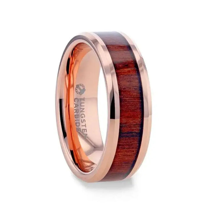 Rose gold plated tungsten men’s wedding band with koa wood inlay and beveled polished edges, angled side view