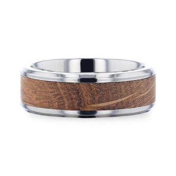 CASK Whiskey Barrel Inlaid Titanium Men's Wedding Band With Beveled Polished Edges Made From Genuine Whiskey Barrels - 8mm - Larson Jewelers