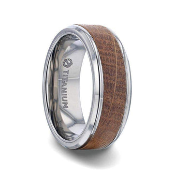CASK Whiskey Barrel Inlaid Titanium Men's Wedding Band With Beveled Polished Edges Made From Genuine Whiskey Barrels - 8mm - Larson Jewelers