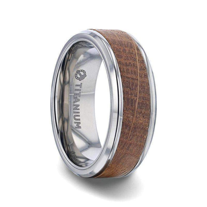 CASK Whiskey Barrel Inlaid Titanium Men's Wedding Band With Beveled Polished Edges Made From Genuine Whiskey Barrels - 8mm - Larson Jewelers