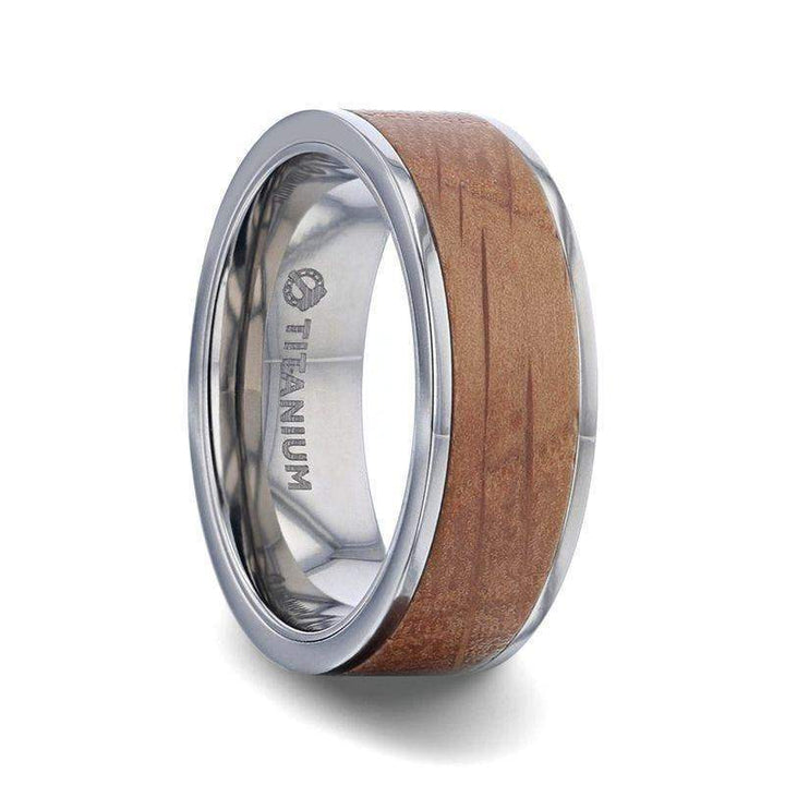 STILL Whiskey Barrel Inlaid Titanium Men's Wedding Band With Flat Polished Edges Made From Genuine Whiskey Barrels - 8mm - Larson Jewelers