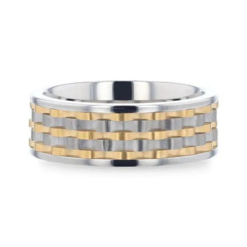 MONTROSE Wavy Gold And Gunmetal Texture Pattern Inlaid Titanium Men's Wedding Band With Flat Polished Profile - 8mm - Larson Jewelers