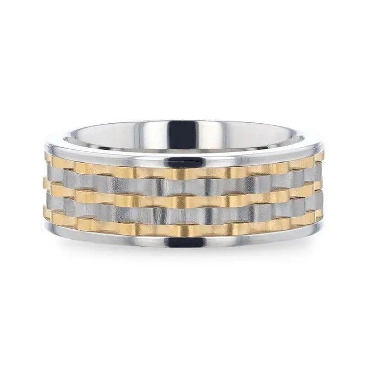 MONTROSE Wavy Gold And Gunmetal Texture Pattern Inlaid Titanium Men's Wedding Band With Flat Polished Profile - 8mm - Larson Jewelers