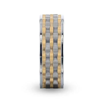 MONTROSE Wavy Gold And Gunmetal Texture Pattern Inlaid Titanium Men's Wedding Band With Flat Polished Profile - 8mm - Larson Jewelers