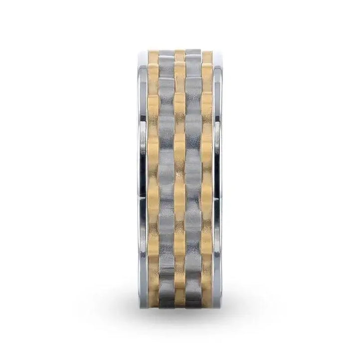MONTROSE Wavy Gold And Gunmetal Texture Pattern Inlaid Titanium Men's Wedding Band With Flat Polished Profile - 8mm - Larson Jewelers