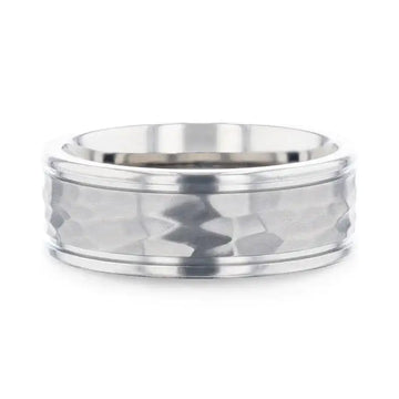 WILLIAM Hammered Finish Center White Titanium Men's Wedding Band With Dual Offset Grooves And Polished Edges - 8mm - Larson Jewelers