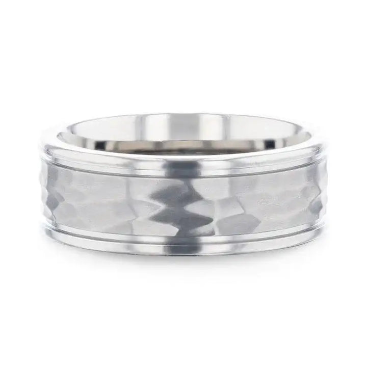 WILLIAM Hammered Finish Center White Titanium Men's Wedding Band With Dual Offset Grooves And Polished Edges - 8mm - Larson Jewelers