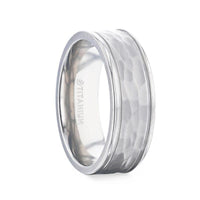 WILLIAM Hammered Finish Center White Titanium Men's Wedding Band With Dual Offset Grooves And Polished Edges - 8mm - Larson Jewelers