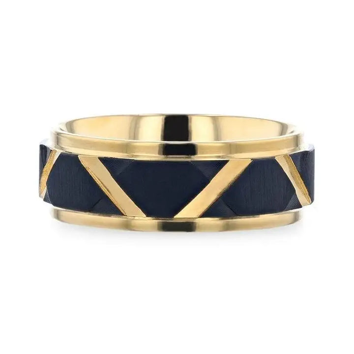 FLEMING Yellow Gold Polished Step Edged Titanium Men's Wedding Band With Matte Black Raised Horizontal Etches and Diagonal-Shape Cut Inlay - 8mm - Larson Jewelers