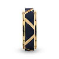 FLEMING Yellow Gold Polished Step Edged Titanium Men's Wedding Band With Matte Black Raised Horizontal Etches and Diagonal-Shape Cut Inlay - 8mm - Larson Jewelers