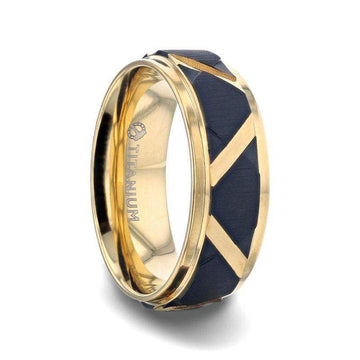 FLEMING Yellow Gold Polished Step Edged Titanium Men's Wedding Band With Matte Black Raised Horizontal Etches and Diagonal-Shape Cut Inlay - 8mm - Larson Jewelers