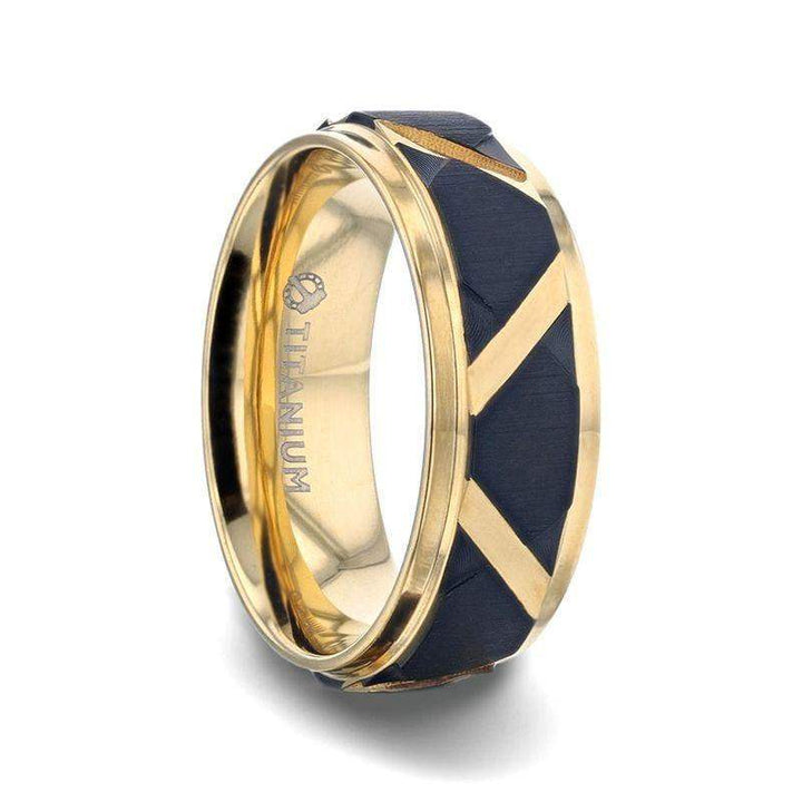 FLEMING Yellow Gold Polished Step Edged Titanium Men's Wedding Band With Matte Black Raised Horizontal Etches and Diagonal-Shape Cut Inlay - 8mm - Larson Jewelers