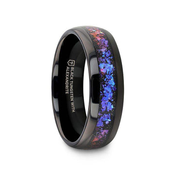 COSMIC black tungsten domed ring with crushed synthetic Alexandrite and dark blue/purple crushed goldstone inlay, angled view