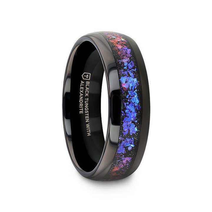 COSMIC black tungsten domed ring with crushed synthetic Alexandrite and dark blue/purple crushed goldstone inlay, angled view