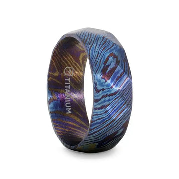 Angled view of an 8mm brushed titanium ring with blue and purple wavy pattern
