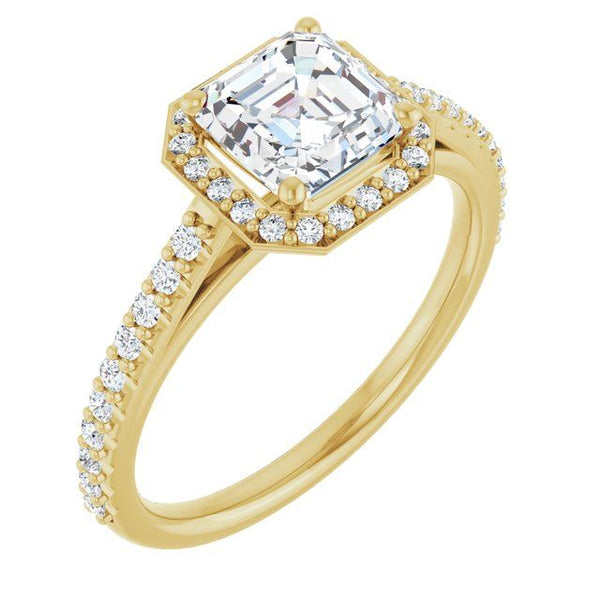Gold engagement ring with asscher-cut center stone in halo setting and pavé diamonds along the band.